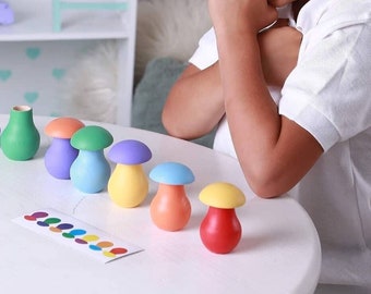 Wooden mushroom toy, Sorting toy, Sorter Montessori Waldorf Wood Fine Motor Skills Colors Gift Birthday Learning toddler toy Christmas gift