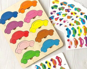 Wooden Puzzle Cars, Montessori Rainbow, Toddlers toys Gift for Baby Kids Gift Girl Boy Waldorf Classroom Preschool Birthday Learning Colors