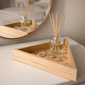 Wooden Triangle Tray for Jewelry & Decor, Minimalist Vanity Organizer, Reed Diffuser Holder, Modern Dresser Accent, Gift Idea