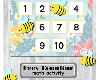 Bees counting game, Math Toddler Printable activity Montessori digital Counting 1-10 activity cards Spring count Printable Digital Download