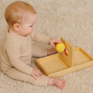 Puede incluir: Un juguete de madera que consiste en una bandeja rectangular dividida en dos secciones por un panel vertical con un recorte circular. Una pequeña pelota amarilla texturizada se introduce a través del orificio con borde rojo del panel.