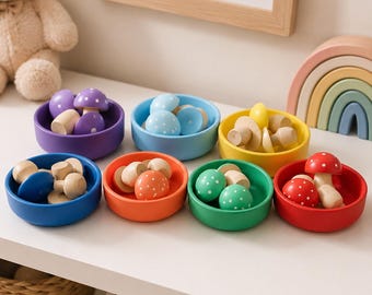 Wooden Mushroom Color sorting toy, Montessori toys, Rainbow Color Sorting Bowls, Counting toy, Educational toddler toy,  Color Matching Cups