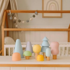 Pastell Holz Wald Spielzeug Set, Holzbäume, Waldorf Montessori Spielzeug, Lernspielzeug für Kinder, Waldbäume, Kindergarten Dekor