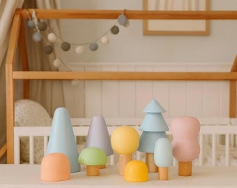 Pastel houten bos speelgoedset, houten bomen, Waldorf Montessori speelgoed, educatief zintuiglijk houten speelgoed, set bosbomen, inrichting kinderkamer