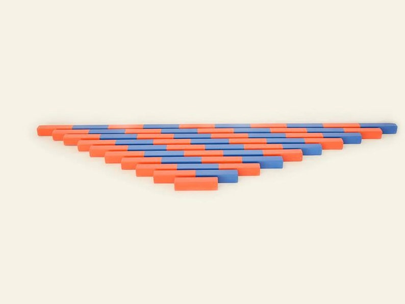 Pu&ograve; includere: Un set di bacchette di conteggio in legno disposte a forma di triangolo. Le bacchette sono di colore alternato blu e arancione.