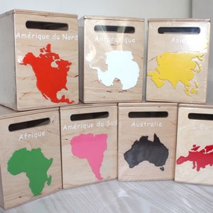 Montessori Continent Boxes in FRENCH, CONTINENTS Educational Boxes, Preschool Homeschool Materials, Montessori Large Continents, SET of 7