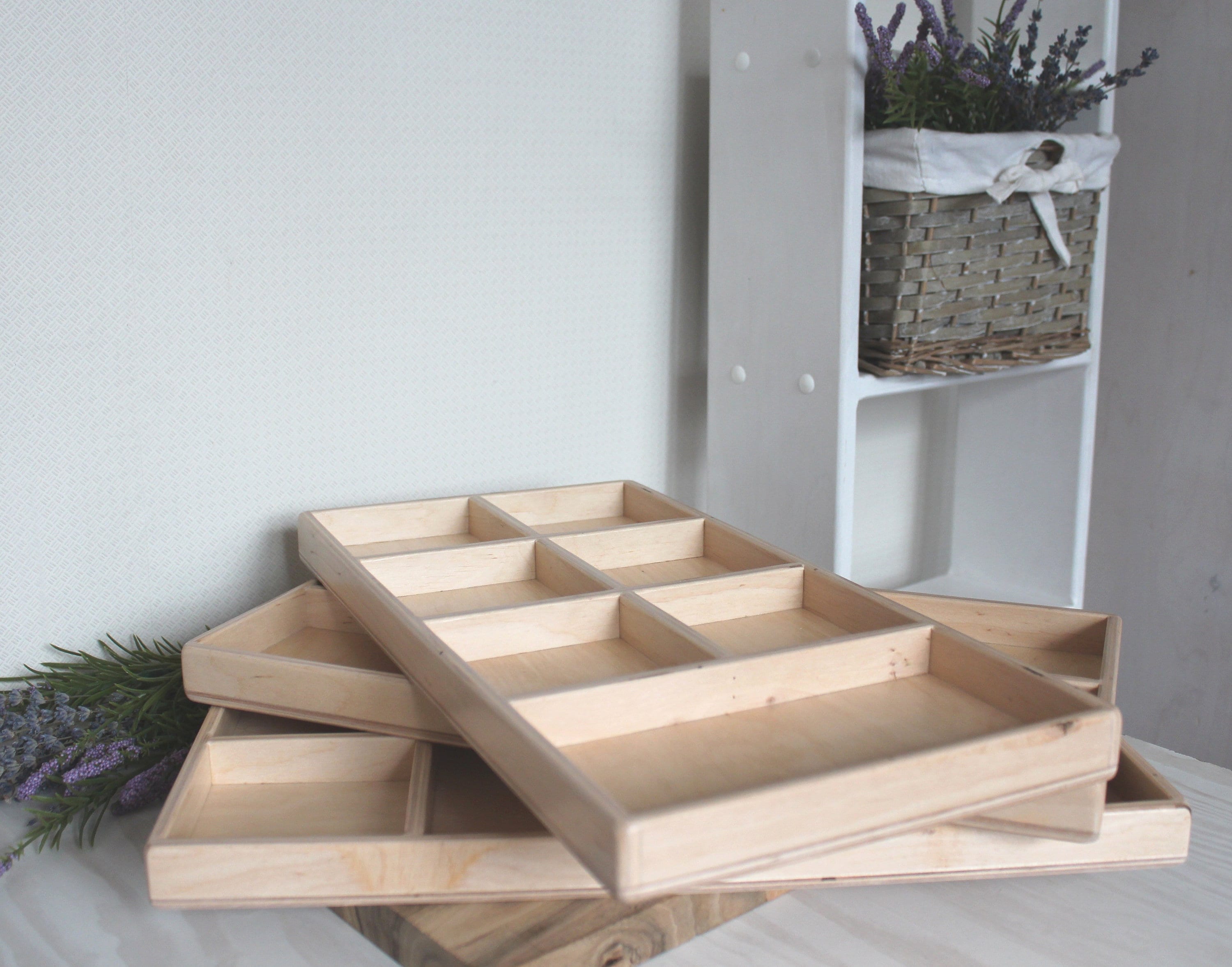 Wood Tray With Dividers, Tinker Tray, Sorting Tray, Partition Box