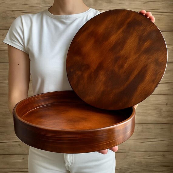 Walnut Ottoman Wooden Round Tray, Montessori Tray, Outdoor Tray, Wood Tray, Home Decor Birthday Gift Coffee Tea Breakfast tray Tray with Lid