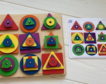 Wooden geoboard, Learning colors toy, Montessori math toy Learning shapes Peg board Wooden puzzle with Pattern cards Toddler Baby Gift