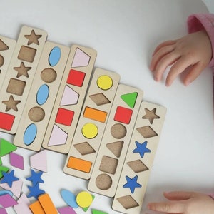 Wooden math puzzle, Montessori toys Sensory game Geometry shapes Educational Sorting Learning colors wood toy Preschool Homeschool activity image 2