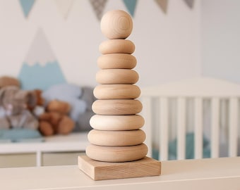 Wooden Montessori Ring Stacker Toy – Natural Baby Stacking Puzzle, Waldorf Nursery Gift
