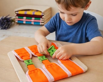 Juego de 6 marcos de vestir Montessori: hebillas, botones, cremallera, cordones, broches. Juguete para desarrollar habilidades con soporte.