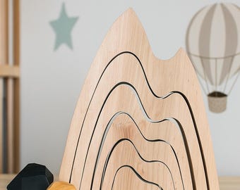 Puzzle de montagne en bois Montessori, jouet empilable respectueux de l'environnement pour les tout-petits, décoration en bois naturel inspirée de Waldorf, décoration de chambre d'enfant faite main