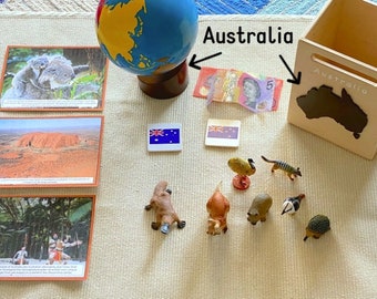 Montessori-Kontinent-Box, Australien-Box, Montessori-Kontinente-Weltkarte für Kinder Montessori-Kultur-Geographie-Bereich