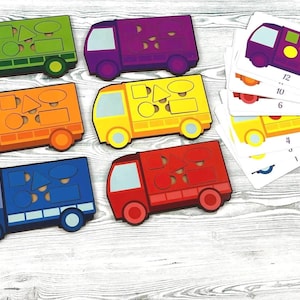 Brinquedo de caminhão de madeira com cartões de padrão, Classificador de formas, Brinquedo de aprendizagem Montessori, Cores de aprendizagem, Atividade de classificação, Jogo de correspondência, Presentes para crianças