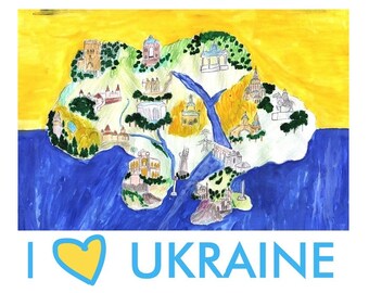 Stand with Ukraine Digital file Ukrainian child Hand Drawing Blue and Yellow Download Instant file Ukrainian Art Solidarity with Ukraine map