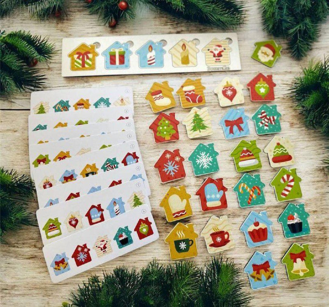 Wooden Christmas Memory Game, Matching Toy With Pattern Cards, Motor ...