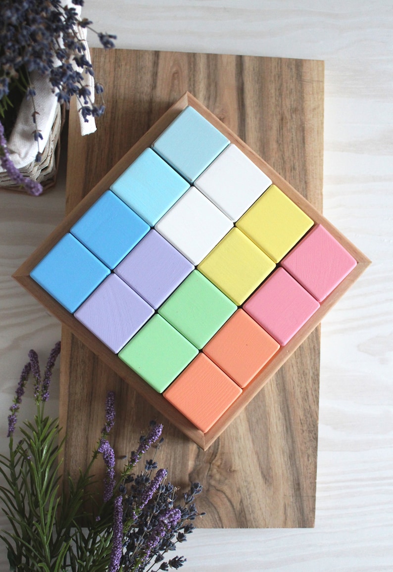 Christmas Gift Pastel Rainbow Wooden Blocks Stacking Natural Baby Toy Montessori Waldorf Reggio Gift for baby Wooden cubes 1st Birthday Gift