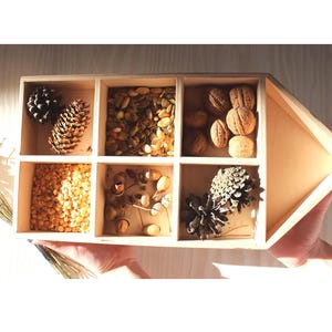 Wooden tinker tray, House sorting tray, Montessori tray, Sensory bin tools, Tray with compartments, Storage box, Homeschool Preschool