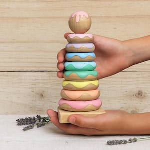 Montessori Wooden stacker toy, Donut Stacking toy, Wooden Ring stacker, Toddler Gift, Baby Girl Gift, Baby shower gift, Nursery Pastel decor