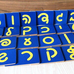May include: A set of blue and yellow alphabet letter tiles. The tiles are made of wood and have a yellow letter on a blue background.