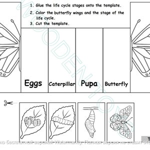 Puede incluir: Hoja de trabajo imprimible en blanco y negro con instrucciones para pegar, colorear y recortar las etapas del ciclo de vida de una mariposa. Las etapas incluyen huevos, oruga, cris&aacute;lida y mariposa. La hoja de trabajo incluye una plantilla con cuatro secciones para cada etapa y una plantilla separada con im&aacute;genes de cada etapa.