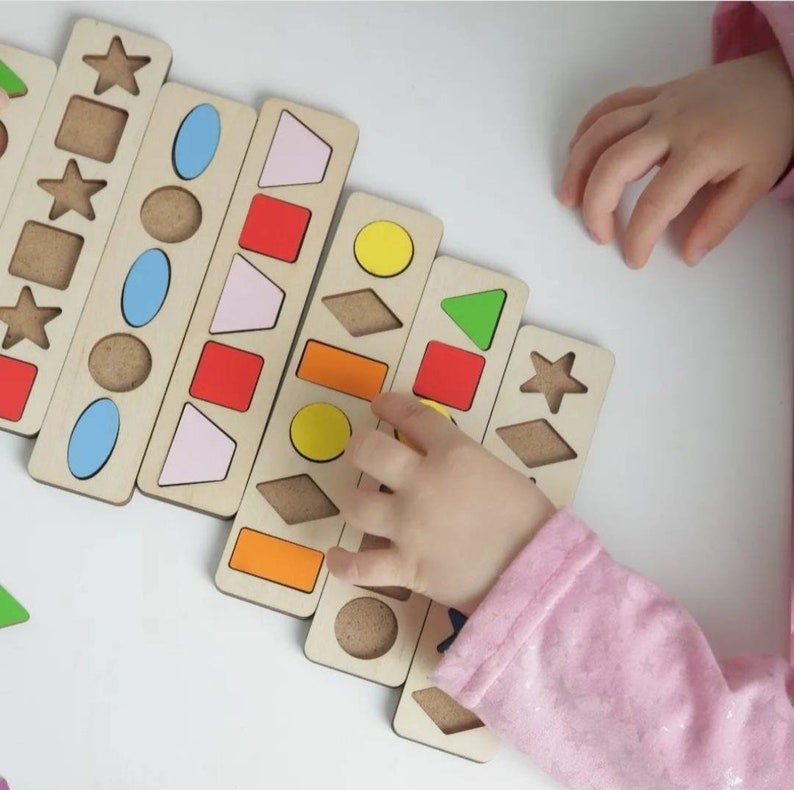 Wooden math puzzle, Montessori toys Sensory game Geometry shapes Educational Sorting Learning colors wood toy Preschool Homeschool activity image 3