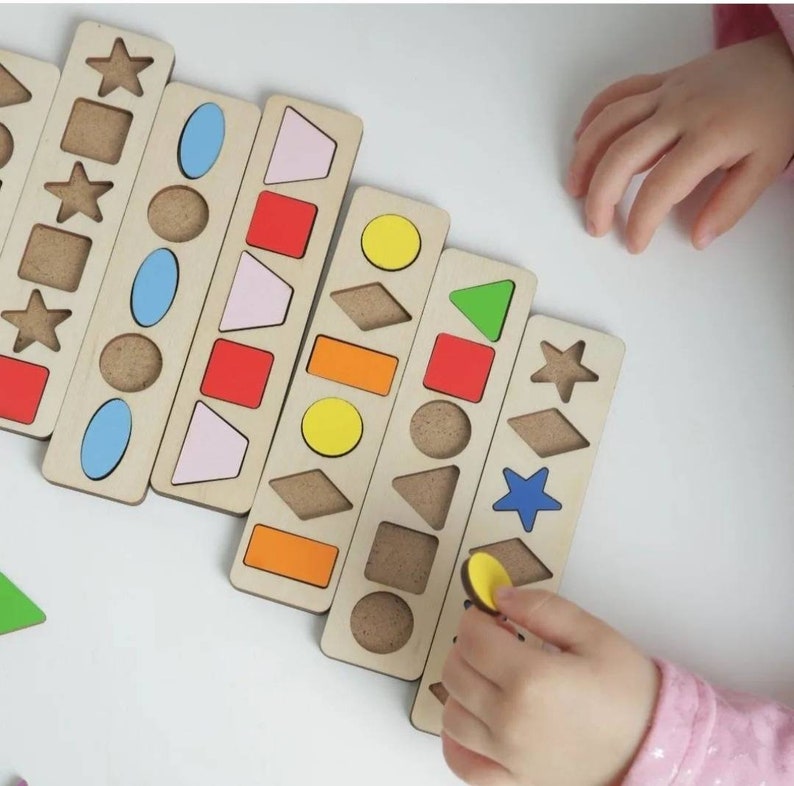 Wooden math puzzle, Montessori toys Sensory game Geometry shapes Educational Sorting Learning colors wood toy Preschool Homeschool activity image 1