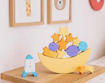 Giocattolo di equilibrio a forma di luna in legno, gioco di impilamento a tema spaziale con stelle, pianeti e razzi, giocattolo Montessori per la decorazione della cameretta dei bambini