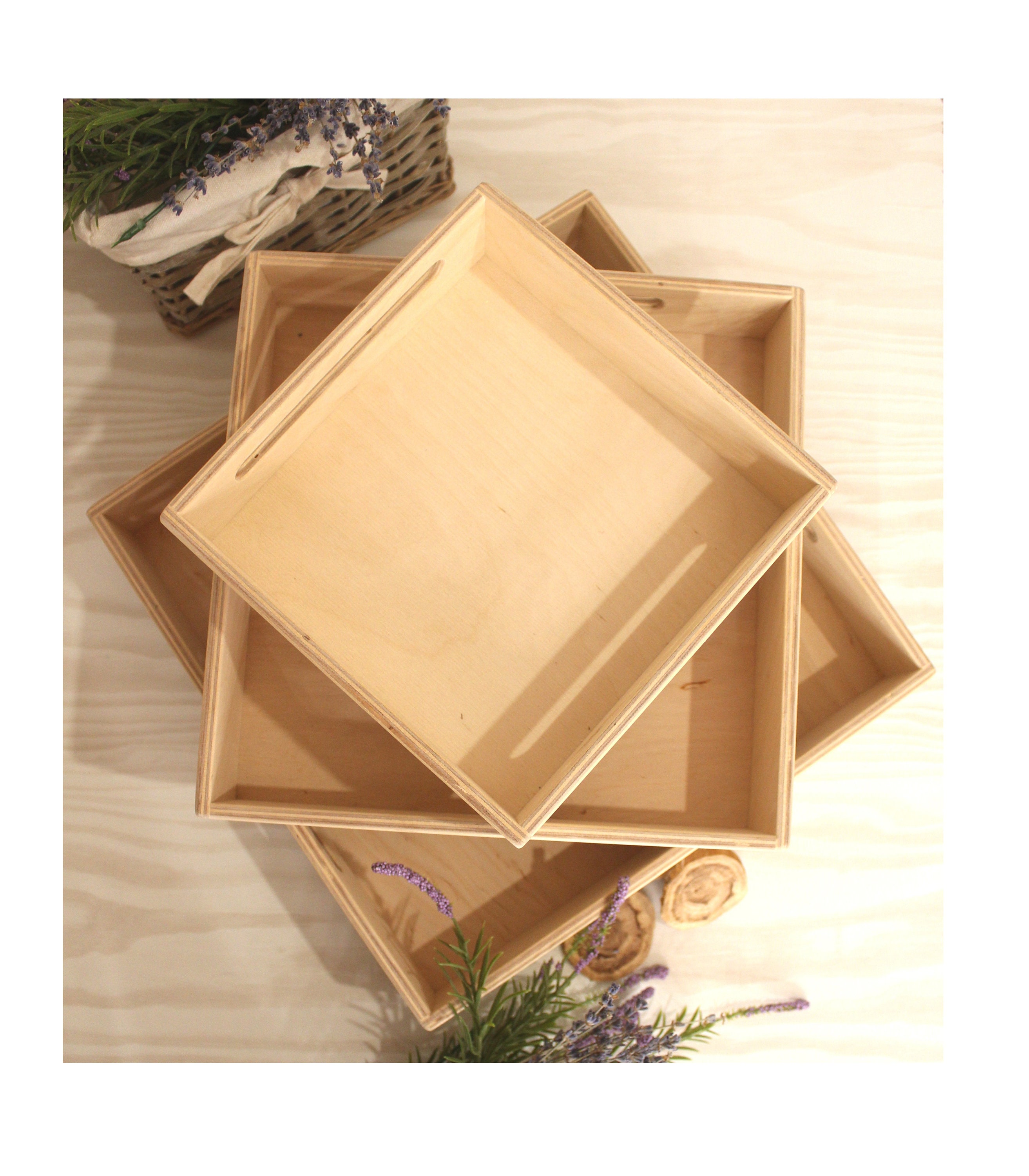 Wooden Living - Serving Tray/Wooden Trays with Handles and Small Wood Boxes  Set (Unfinished) | for Montessori Activity, Art/Crafts, Painting