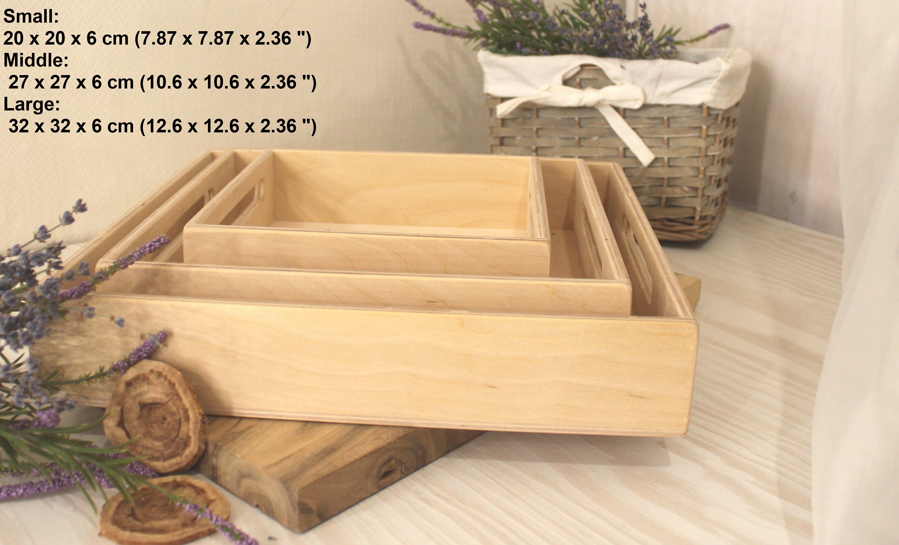 Wooden Living - Wood Tray/Wooden Trays | Square Serving Boxes with Handles  - Unfinished & Small | for Montessori Materials, Crafts to Paint, Kids