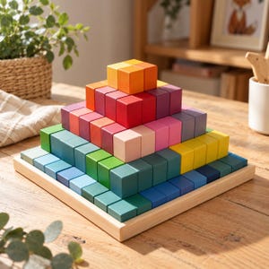 Op de afbeelding: Een veelkleurige houten blokkenpiramideset gerangschikt op een vierkante basis. De structuur bevat lagen van kleine, massieve blokjes in diverse tinten oranje, rood, roze, paars, geel, groen en blauw, rustend op een lichthouten dienblad.