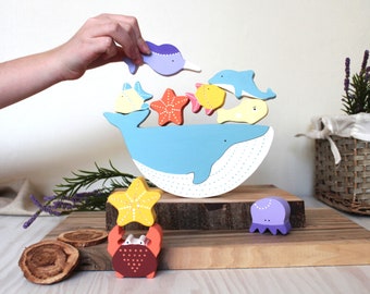 Wooden Stacking Balance Toy Kids Preschool 1st Birthday Gift Montessori Toy Home Decor Sea Animals Montessori Toys Waldorf Christmas gift