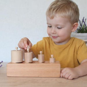Peut inclure: Un jouet éducatif en bois composé de quatre cylindres de tailles différentes, chacun surmonté d'un bouton. Les cylindres s'insèrent dans des trous correspondants dans une base rectangulaire en bois. Ce jouet est conçu pour l'éveil des jeunes enfants.