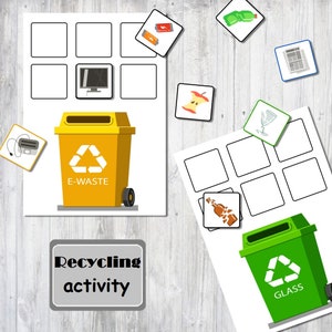 RECYCLABLE Sortierkarten Tag der Erde Aktivität Tag der Erde druckbare Aktivität Montessori druckbare Arbeitsblätter Papierkorb Recycle Trennspiel Kinder
