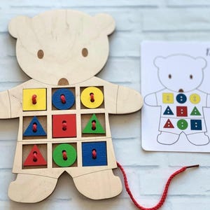 Ours à laçage en bois avec cartes à motifs, jouet d'apprentissage de la couture, trieur de formes, jouet mathématique Montessori, jeu d'associations pour tout-petits, cadeaux pour les enfants