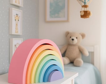 Apilador de arcoíris de madera, juguete Montessori, decoración infantil en tonos pastel, juguete de madera Waldorf, arcoíris, idea de regalo para niños pequeños, juguete natural para bebés