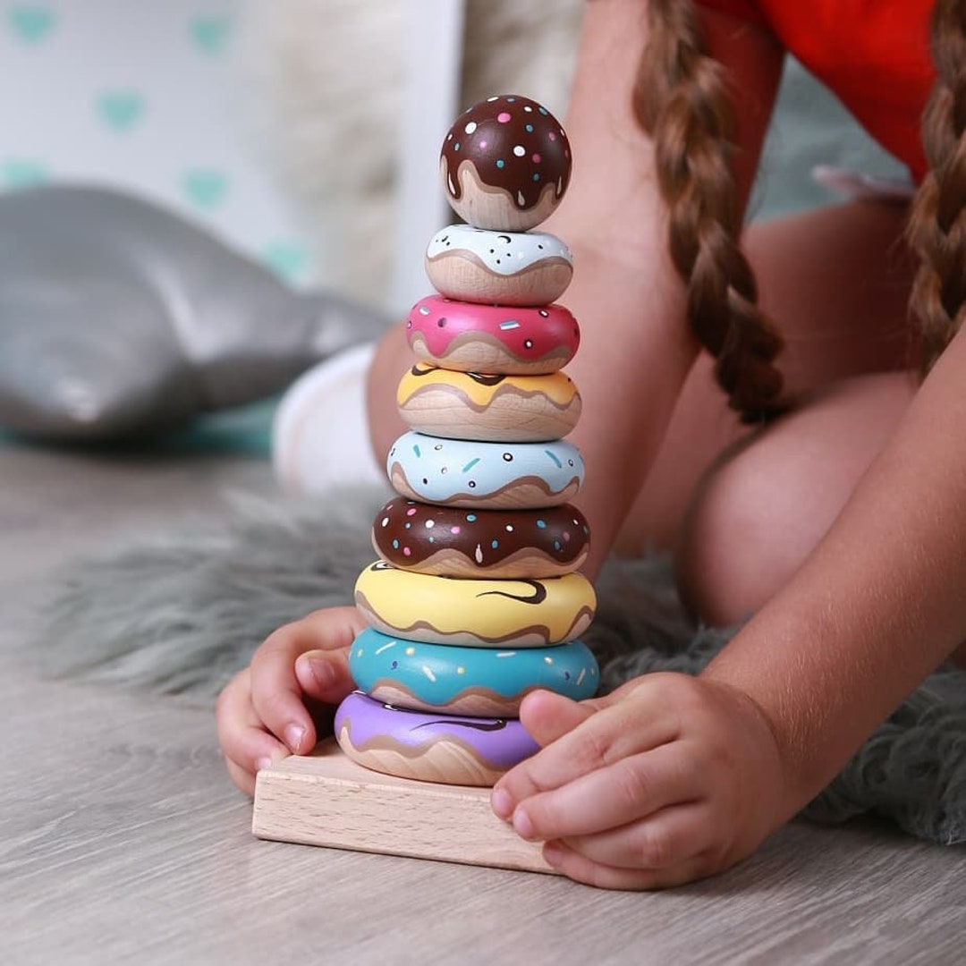 Montessori Wooden Ring Stacker Toy Donuts Rainbow Natural Baby