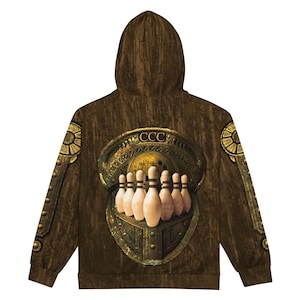 May include: A brown hooded sweatshirt with a vintage-style graphic of bowling pins and a ball in a metal frame. The graphic includes the text "CCC" and other decorative elements.