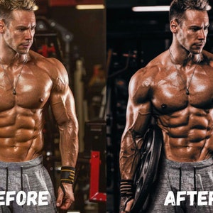 Puede incluir: Foto antes y después de un hombre musculoso posando en un gimnasio. El hombre sostiene una placa de peso en su mano izquierda. La foto de la izquierda muestra al hombre antes de un proceso de edición de fotos, y la foto de la derecha muestra al hombre después del proceso de edición de fotos.