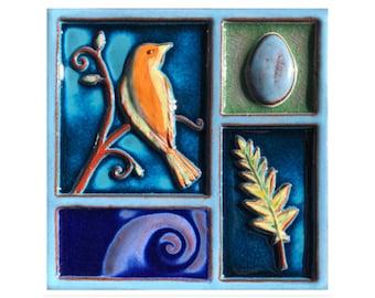 Handmade Ceramic Nests and Birds - With Fern