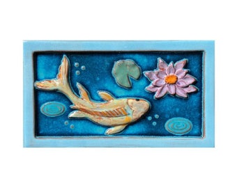 Handmade Ceramic Koi and Flower Tile