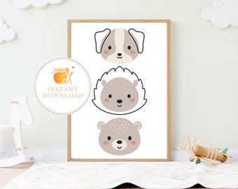 PUPPY, HEDGEHOG, BEAR Animal Wall Art | Instant Digital Download | Children's Nursery Wall Art