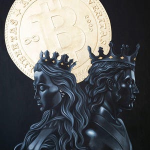 Op de afbeelding: Een schilderij met twee figuren, een vrouw en een man, met kronen op hun hoofd. Ze kijken allebei naar links. Een grote gouden munt met het Bitcoin-symbool en de woorden "Veritas Aequitas" bevindt zich boven hen.