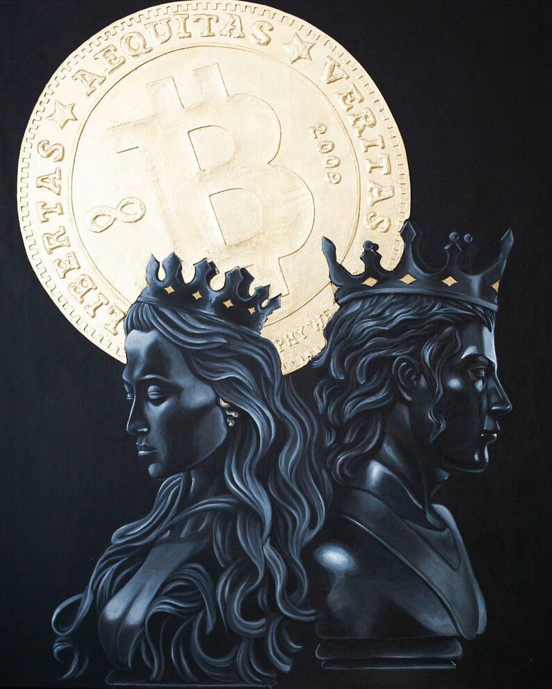 Op de afbeelding: Een schilderij met twee figuren, een vrouw en een man, met kronen op hun hoofd. Ze kijken allebei naar links. Een grote gouden munt met het Bitcoin-symbool en de woorden "Veritas Aequitas" bevindt zich boven hen.