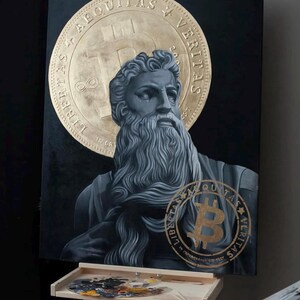 Op de afbeelding: Een schilderij van een man met een lange baard en golvend haar, met een gouden munt met het Bitcoin-symbool en de woorden "LIBERTAS &AElig;QUITAS VERITAS" erachter. De munt is ook zichtbaar in de rechterbenedenhoek van het schilderij.