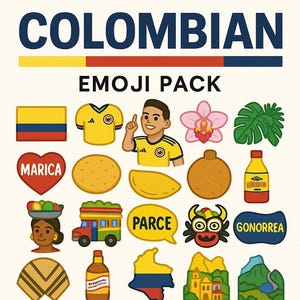Puede incluir: Un conjunto de 16 emojis coloridos que representan la cultura colombiana. Los emojis incluyen una camiseta de fútbol, un corazón con la palabra "MARICA" en él, un mango, una flor, un autobús, una botella de Aguardiente y un mapa de Colombia.