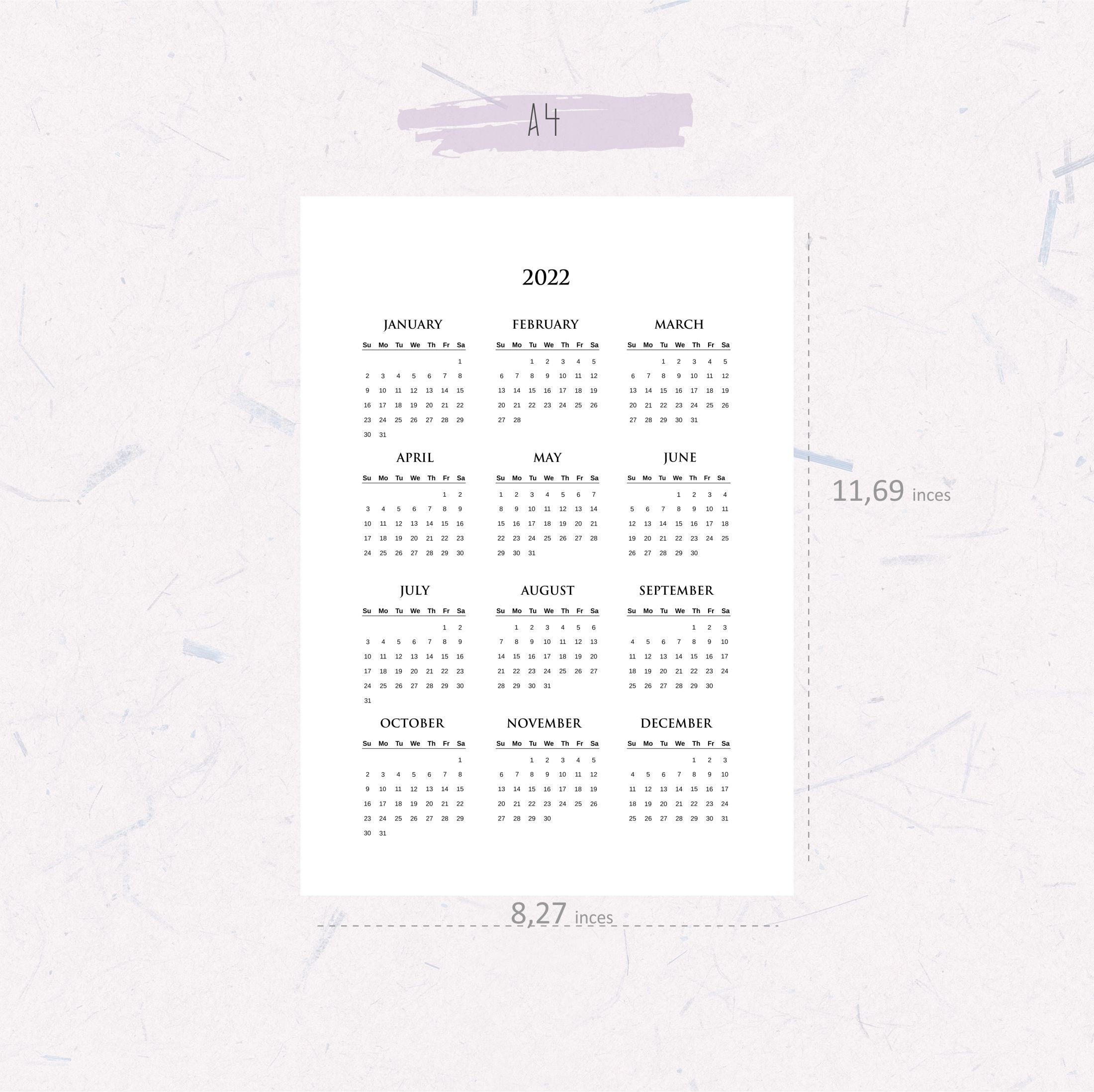 2022 Kalender druckbar Jahreskalender Einfacher Kalender