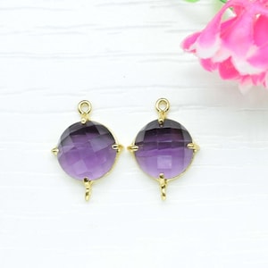 Ametist rund kontakt, handgjorda berlocker, lila ädelstensbezel, ametiststiftsbezelberlocker, dubbel borgbezel, ametistpärlesmycken present