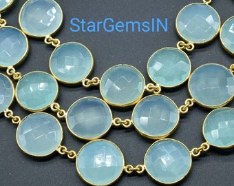 Aqua Chalcedony Round Connector Chain,Chalcedony Gold Bezel link,Handmade Round Bezel Chain,Station Link,Gemstone Connectors,Aqua Jewelry